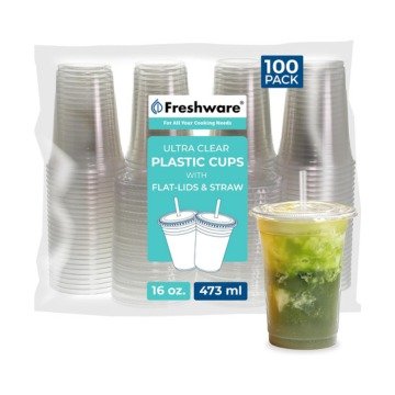 Freshware 100-Pack 16oz Clear Plastic Cups with Lids & Straws — $12.85 with clipped coupon (38% off)